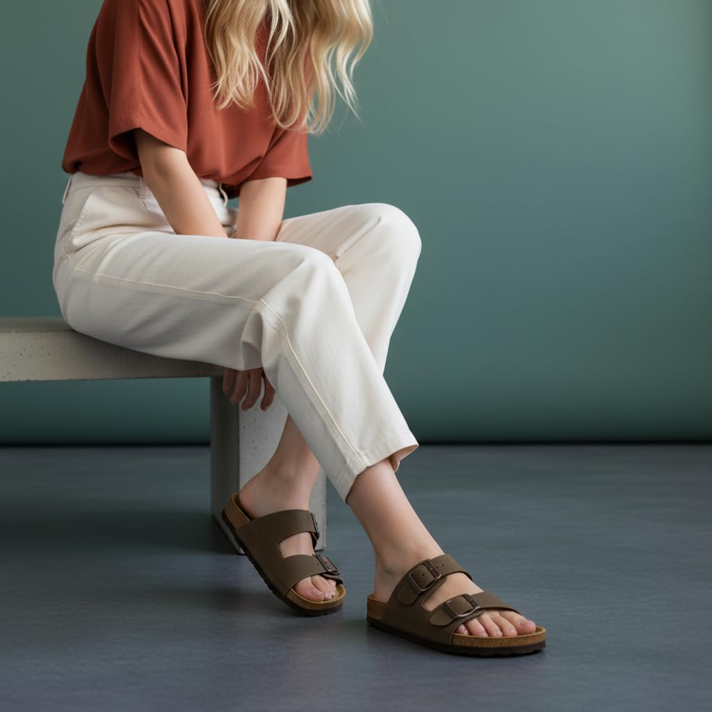 CUSHIONAIRE Lane Cork Footbed Womens Sandals Comfortable Double Buckle Slip On Sandals for Women with Arch Support and Classic Two Strap Design, BROWN