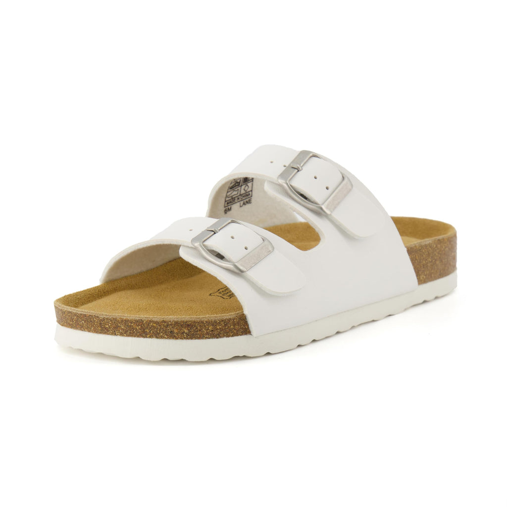 CUSHIONAIRE Lane Cork Footbed Womens Sandals Comfortable Double Buckle Slip On Sandals for Women with Arch Support and Classic Two Strap Design, WHITE