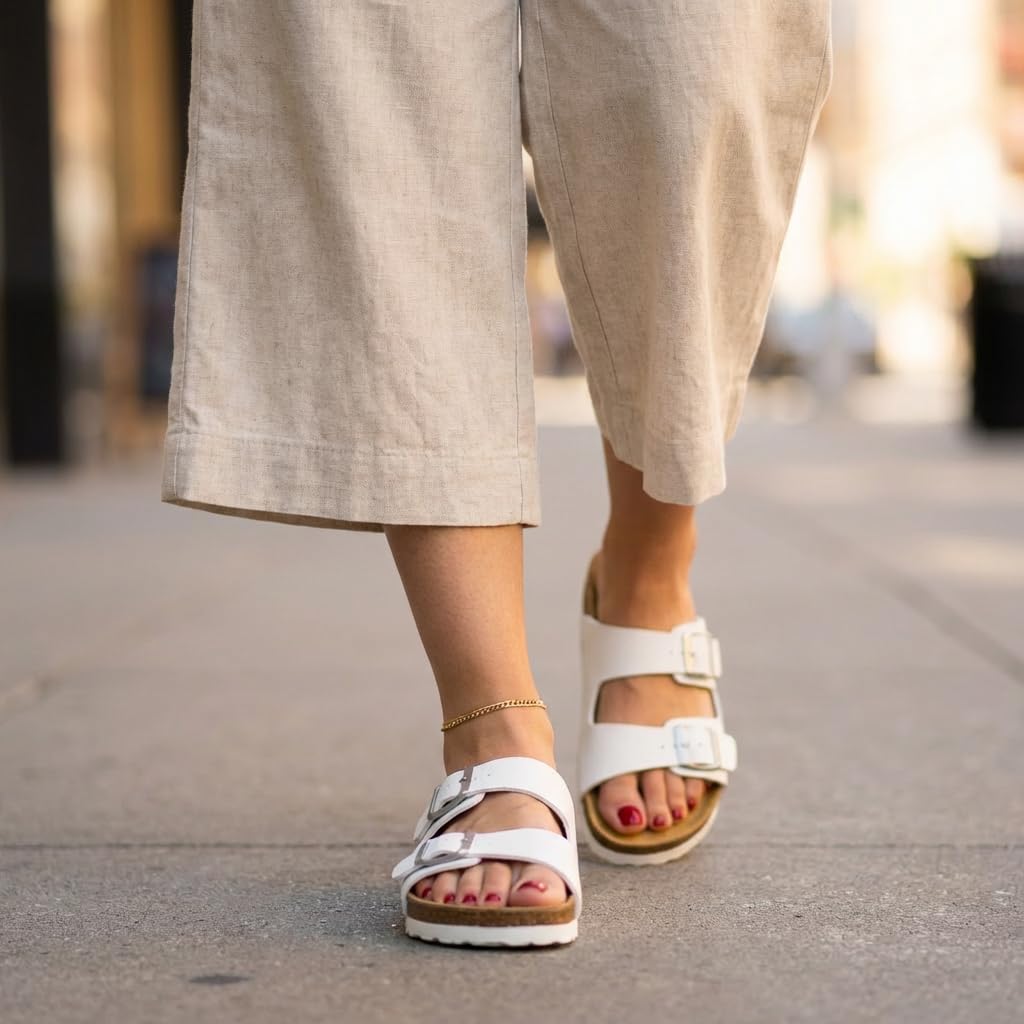 CUSHIONAIRE Lane Cork Footbed Womens Sandals Comfortable Double Buckle Slip On Sandals for Women with Arch Support and Classic Two Strap Design, WHITE