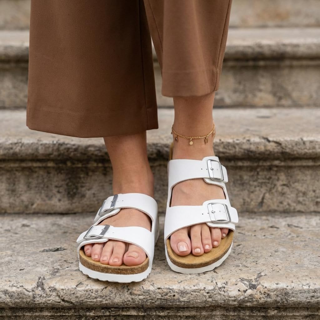 CUSHIONAIRE Lane Cork Footbed Womens Sandals Comfortable Double Buckle Slip On Sandals for Women with Arch Support and Classic Two Strap Design, WHITE