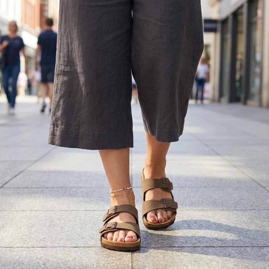 CUSHIONAIRE Lane Cork Footbed Womens Sandals Comfortable Double Buckle Slip On Sandals for Women with Arch Support and Classic Two Strap Design, BROWN