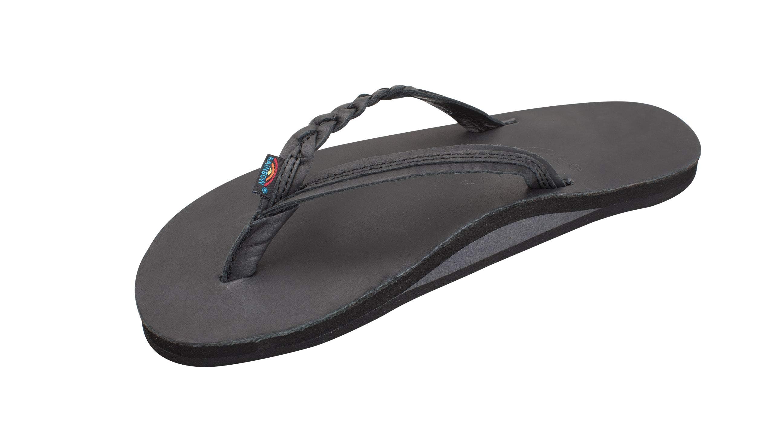 Rainbow Sandals Women’s Flirty Braidy Classic Leather w/Single Braided Strap, Classic Black, Ladies Large