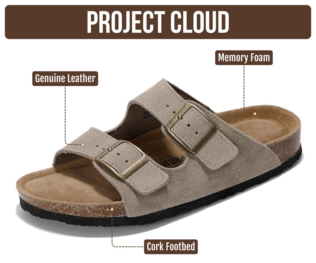 Project Cloud 100% Genuine Leather Flat Sandals For Women 2026 Cork Footbed Womens Sandals with Memory Foam and arch support Vacation Essentials Slides for Women Footwear