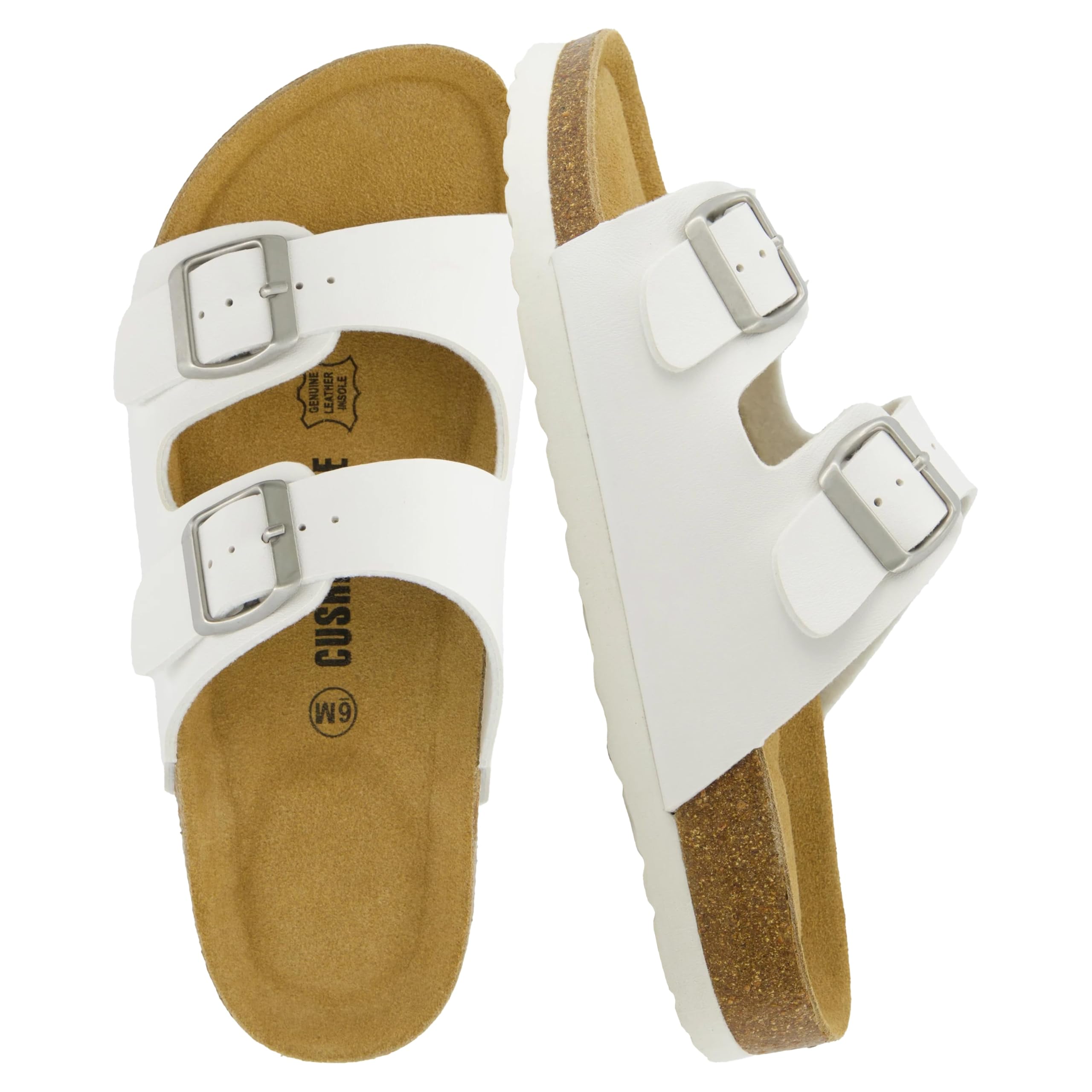 CUSHIONAIRE Lane Cork Footbed Womens Sandals Comfortable Double Buckle Slip On Sandals for Women with Arch Support and Classic Two Strap Design, WHITE