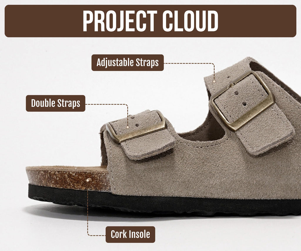 Project Cloud 100% Genuine Leather Flat Sandals For Women 2026 Cork Footbed Womens Sandals with Memory Foam and arch support Vacation Essentials Slides for Women Footwear