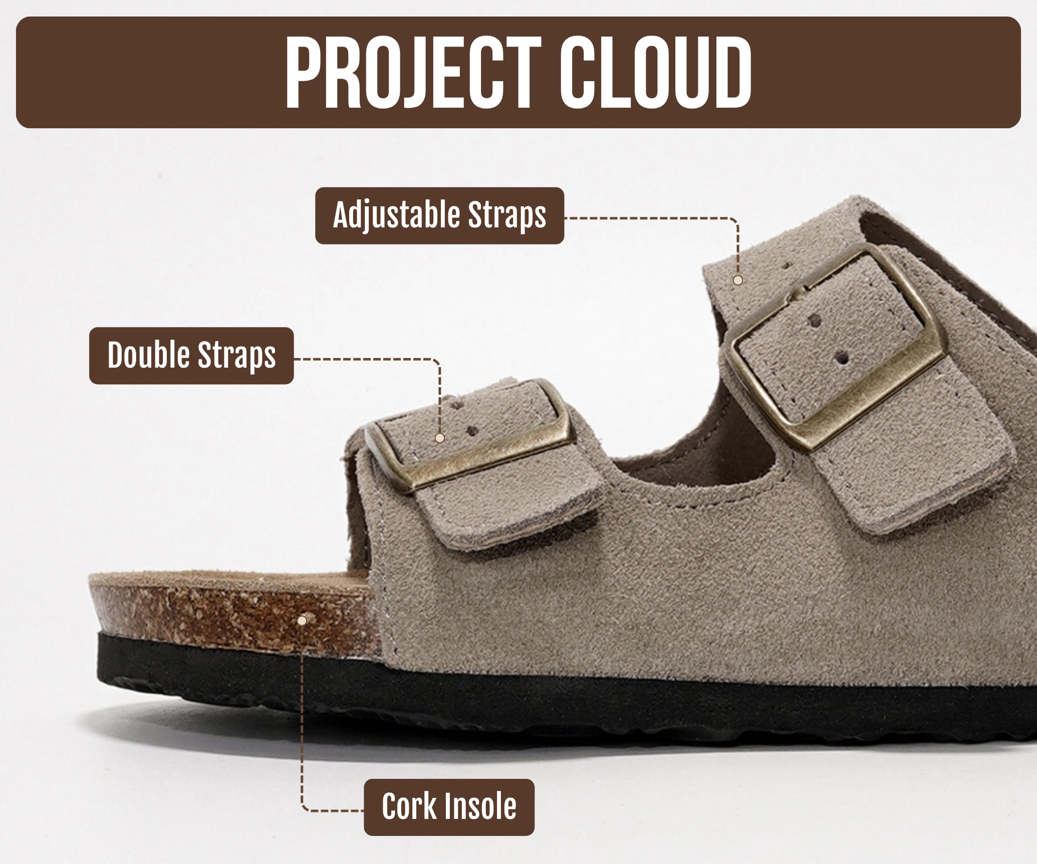 Project Cloud 100% Genuine Leather Flat Sandals For Women 2026 Cork Footbed Womens Sandals with Memory Foam and arch support Vacation Essentials Slides for Women Footwear