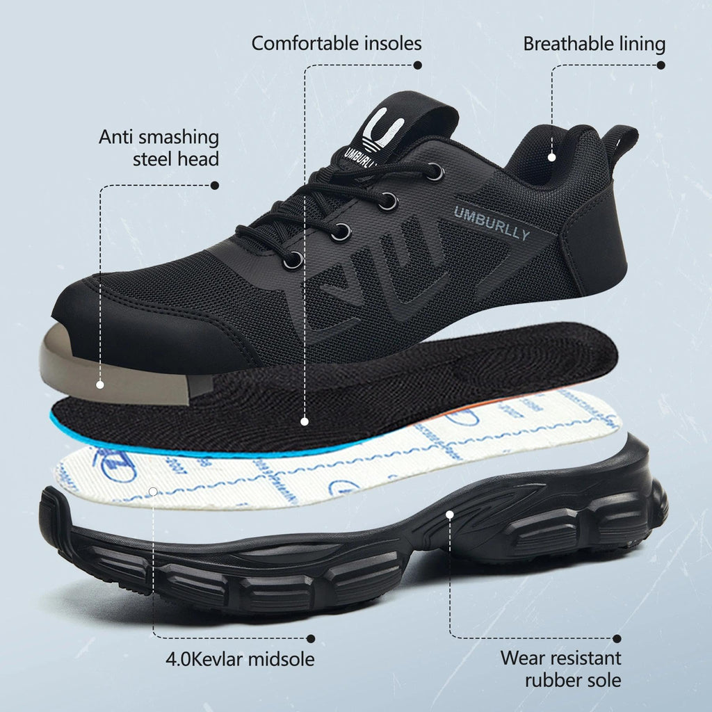 Hogent Steel Toe Shoes for Men Lightweight Comfortable Non Slip Work Shoes Women Puncture Proof Safety Sneakers for Industrial Construction & Daily Life, Black
