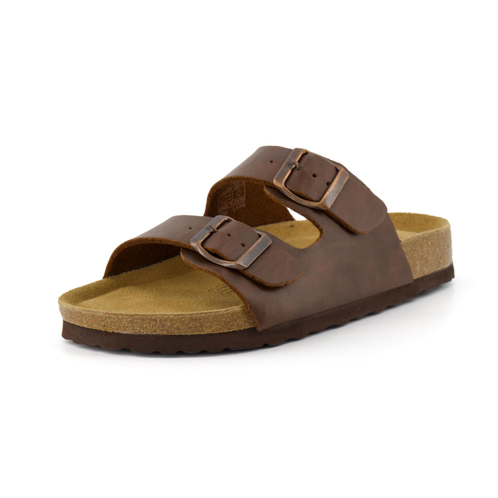 CUSHIONAIRE Lane Cork Footbed Womens Sandals Comfortable Double Buckle Slip On Sandals for Women with Arch Support and Classic Two Strap Design, BROWN