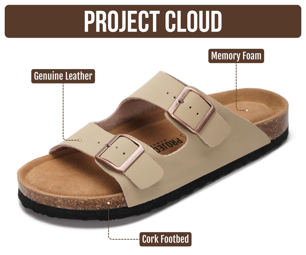 Project Cloud Women's Slide Sandal, Venita, Beige, Genuine Leather, Memory Foam, Cork Footbed, Adjustable Strap