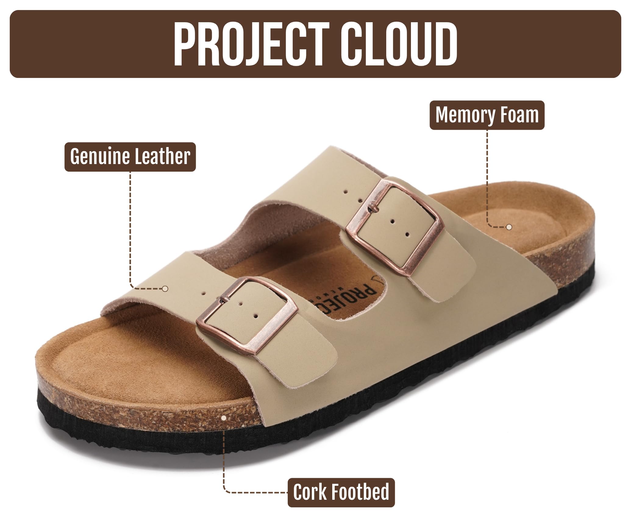 Project Cloud Women's Slide Sandal, Venita, Beige, Genuine Leather, Memory Foam, Cork Footbed, Adjustable Strap