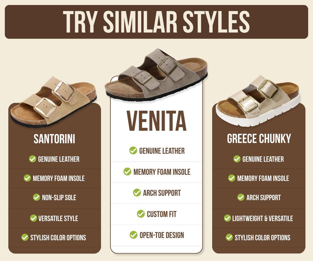 Project Cloud Women's Slide Sandal, Venita, Beige, Genuine Leather, Memory Foam, Cork Footbed, Adjustable Strap