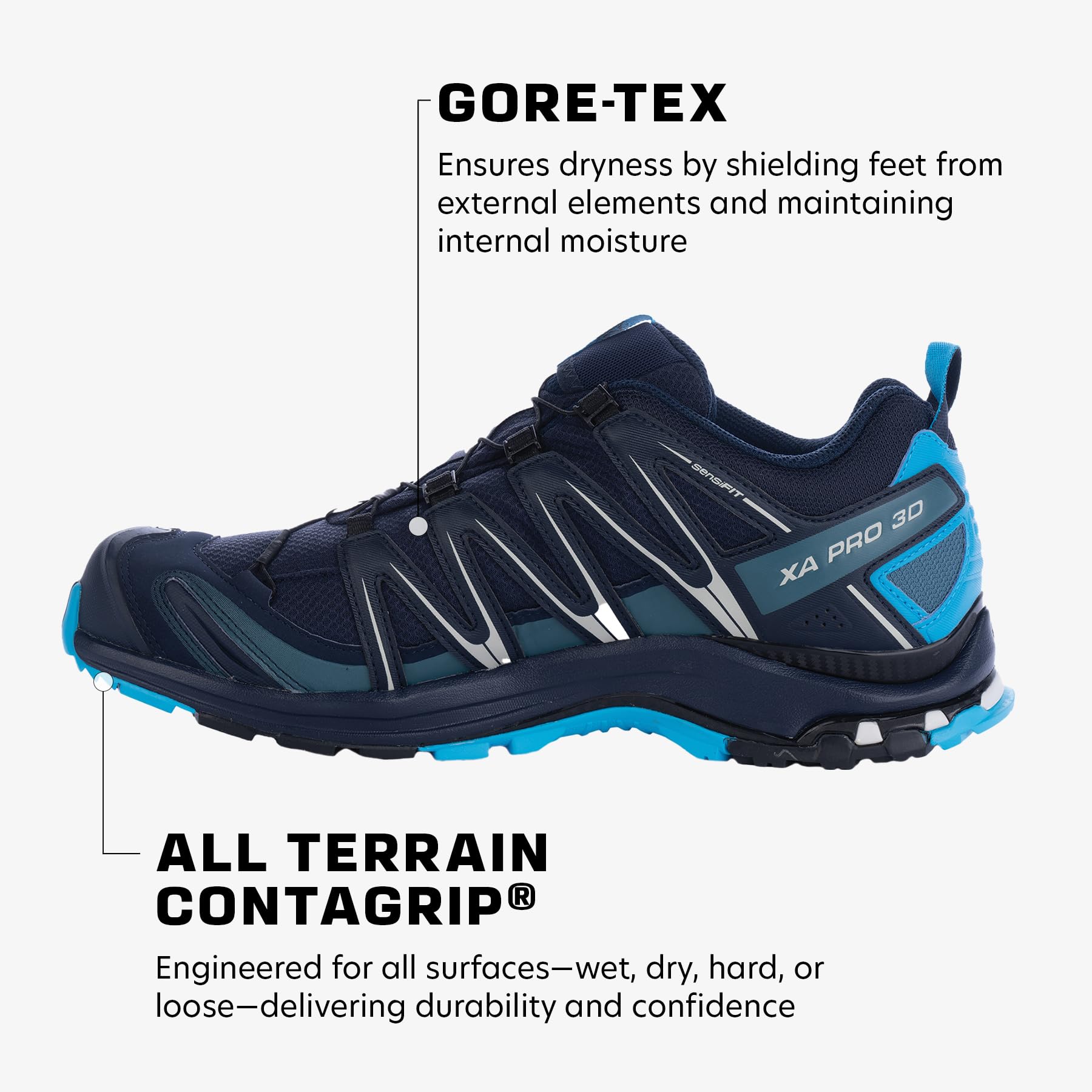 Salomon Men’s XA PRO 3D Gore-Tex Waterproof Trail Running Shoes - Navy Blazer/Hawaiian Ocean/Dawn Blue