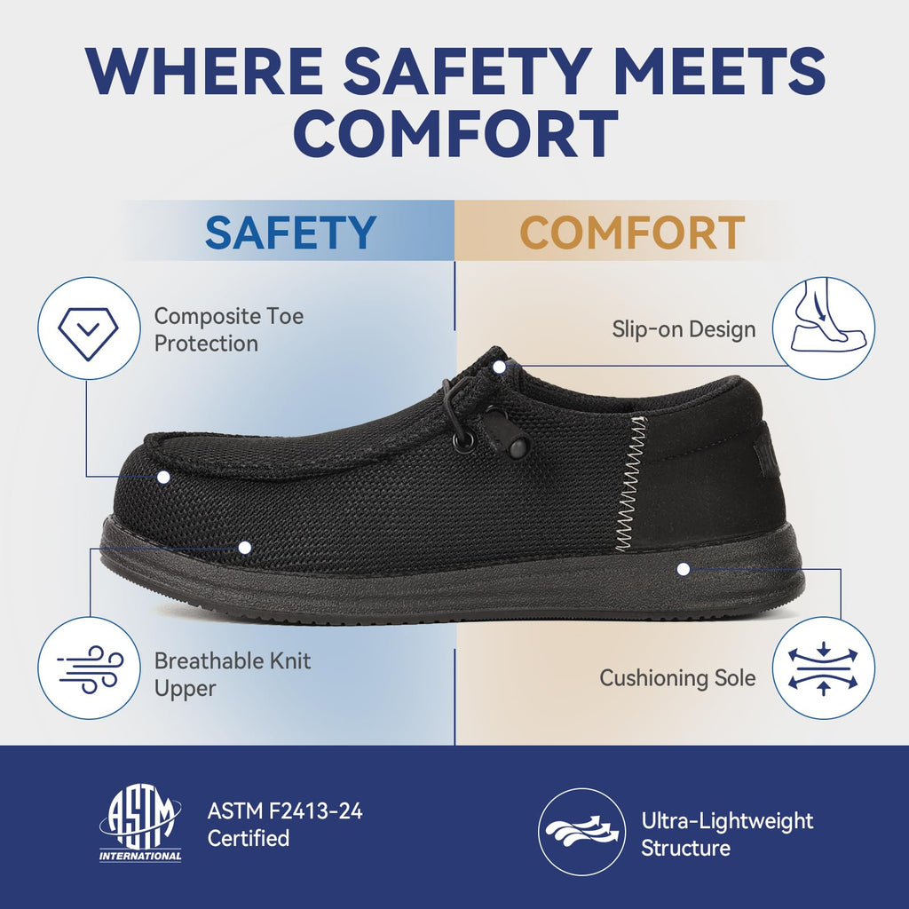 CATOE Steel Toe Shoes for Men Slip On Safety Work Loafers Lightweight Composite Toe Shoes for Men Comfortable Mens Safety Tennis Sneakers All Black