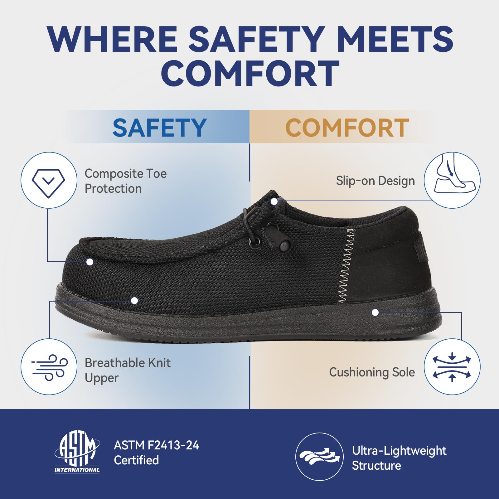 CATOE Steel Toe Shoes for Men Slip On Safety Work Loafers Lightweight Composite Toe Shoes for Men Comfortable Mens Safety Tennis Sneakers All Black