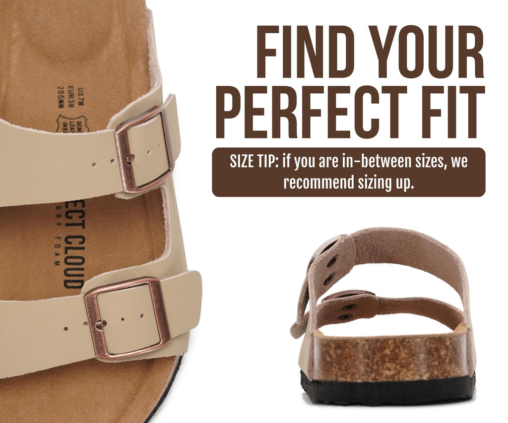 Project Cloud Women's Slide Sandal, Venita, Beige, Genuine Leather, Memory Foam, Cork Footbed, Adjustable Strap