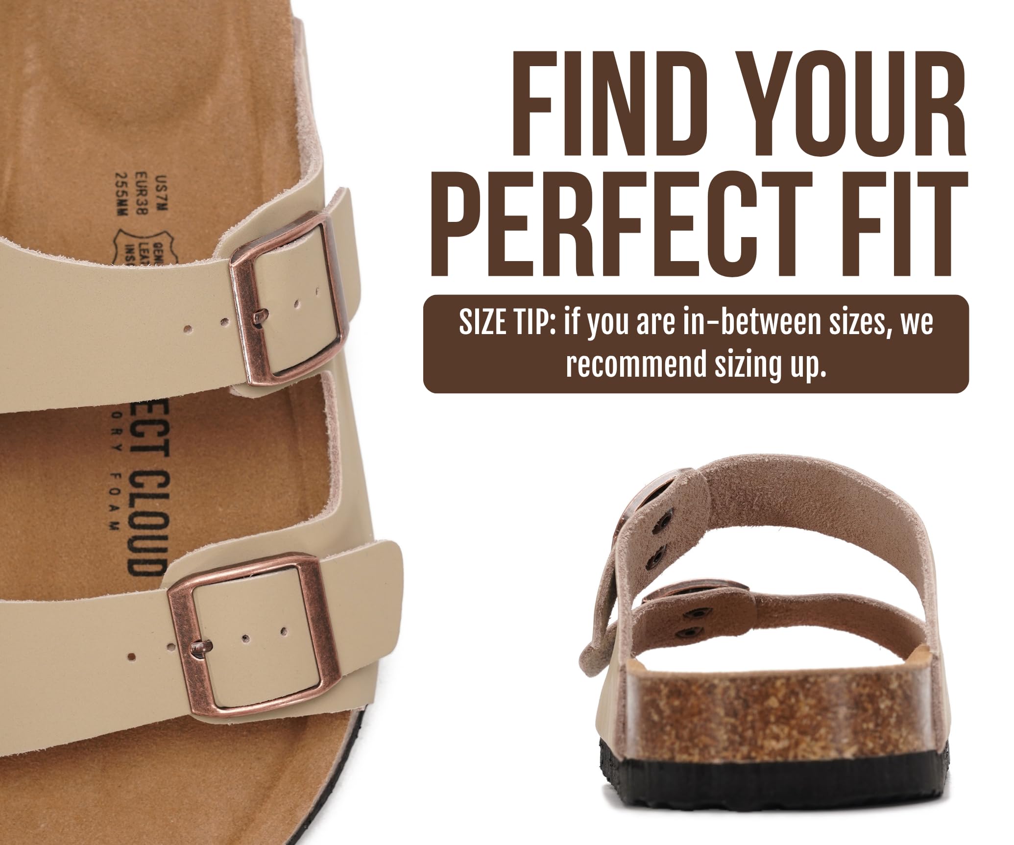 Project Cloud Women's Slide Sandal, Venita, Beige, Genuine Leather, Memory Foam, Cork Footbed, Adjustable Strap