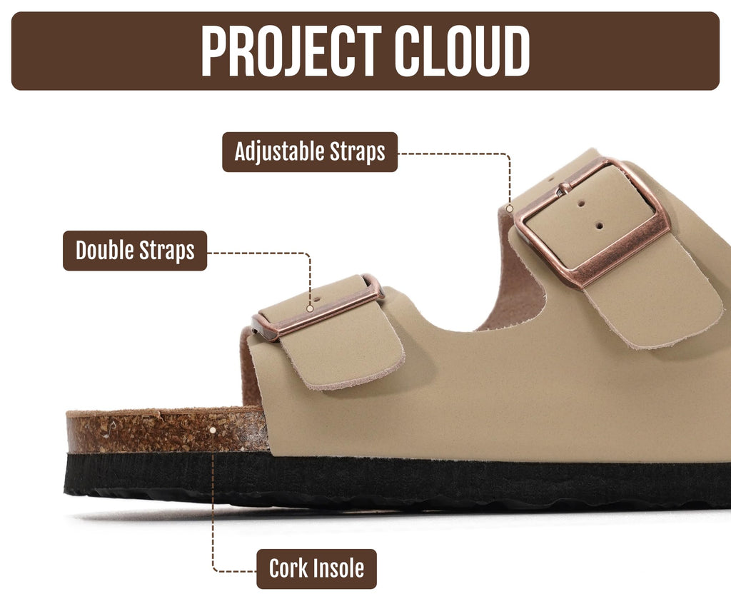 Project Cloud Women's Slide Sandal, Venita, Beige, Genuine Leather, Memory Foam, Cork Footbed, Adjustable Strap