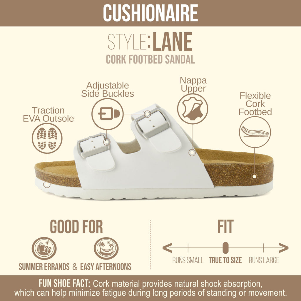 CUSHIONAIRE Lane Cork Footbed Womens Sandals Comfortable Double Buckle Slip On Sandals for Women with Arch Support and Classic Two Strap Design, WHITE