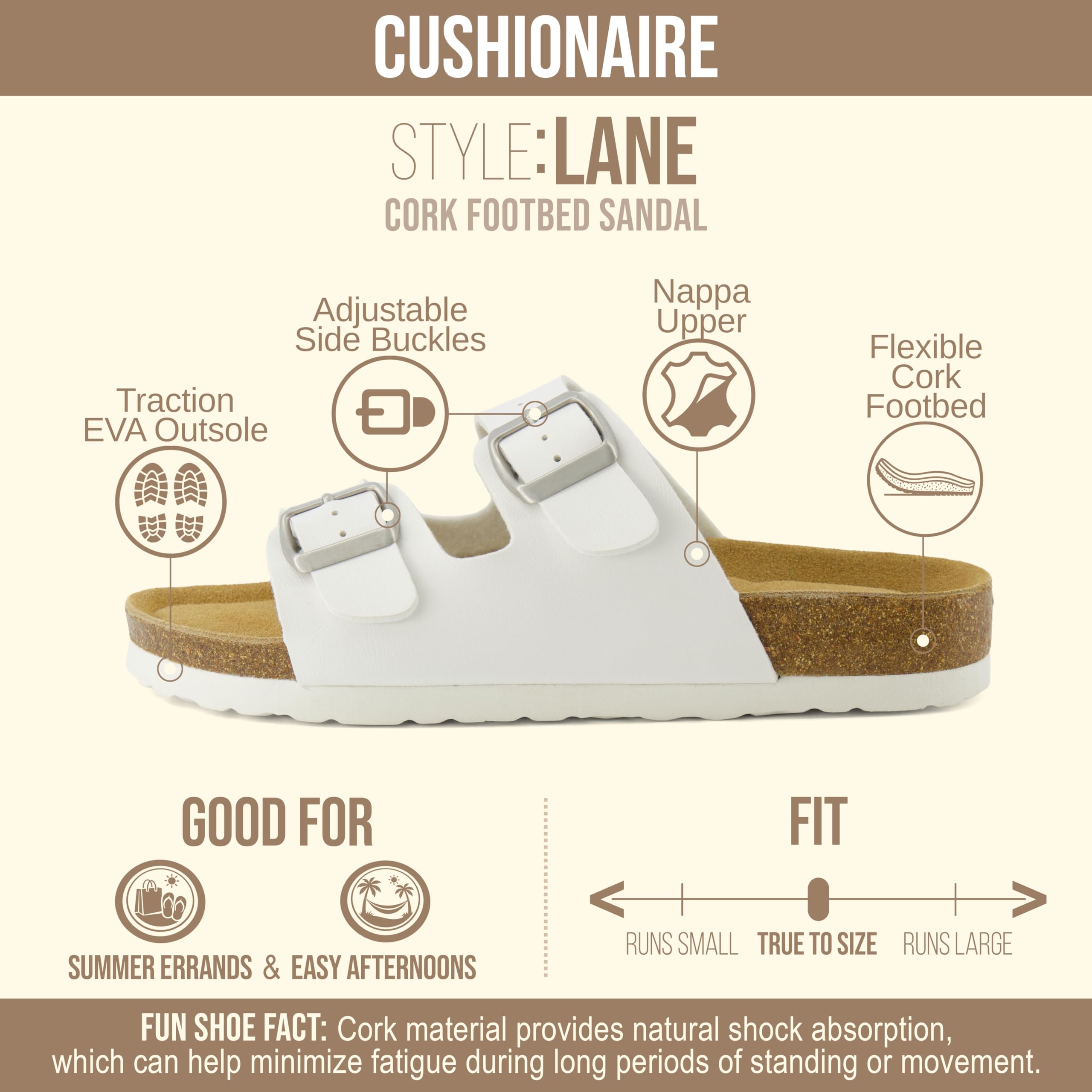 CUSHIONAIRE Lane Cork Footbed Womens Sandals Comfortable Double Buckle Slip On Sandals for Women with Arch Support and Classic Two Strap Design, WHITE