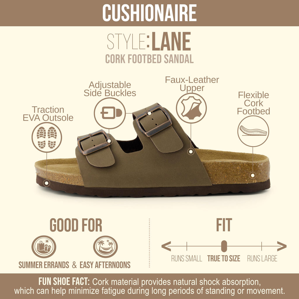 CUSHIONAIRE Lane Cork Footbed Womens Sandals Comfortable Double Buckle Slip On Sandals for Women with Arch Support and Classic Two Strap Design, BROWN