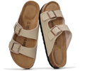 Project Cloud Women's Slide Sandal, Venita, Beige, Genuine Leather, Memory Foam, Cork Footbed, Adjustable Strap