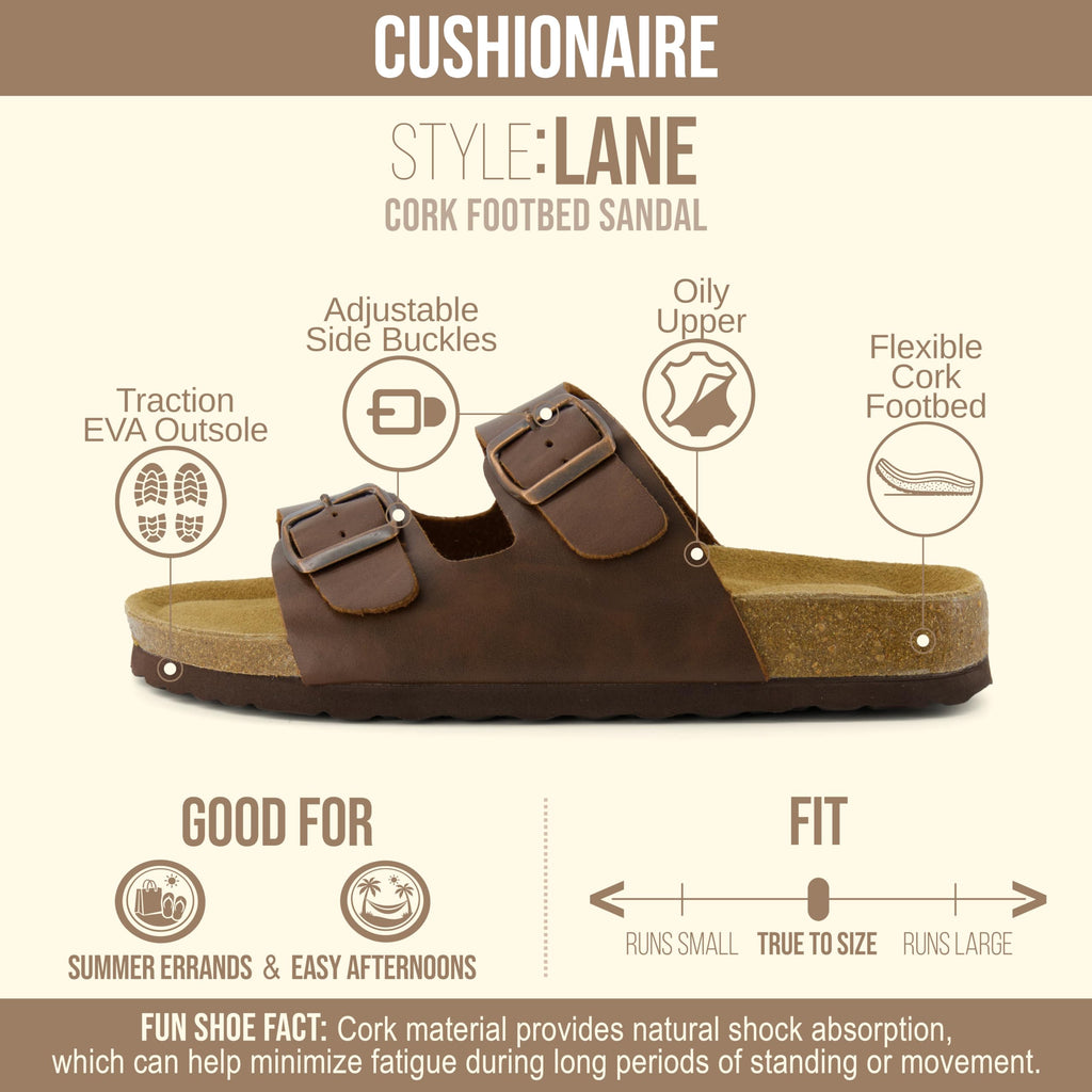 CUSHIONAIRE Lane Cork Footbed Womens Sandals Comfortable Double Buckle Slip On Sandals for Women with Arch Support and Classic Two Strap Design, BROWN