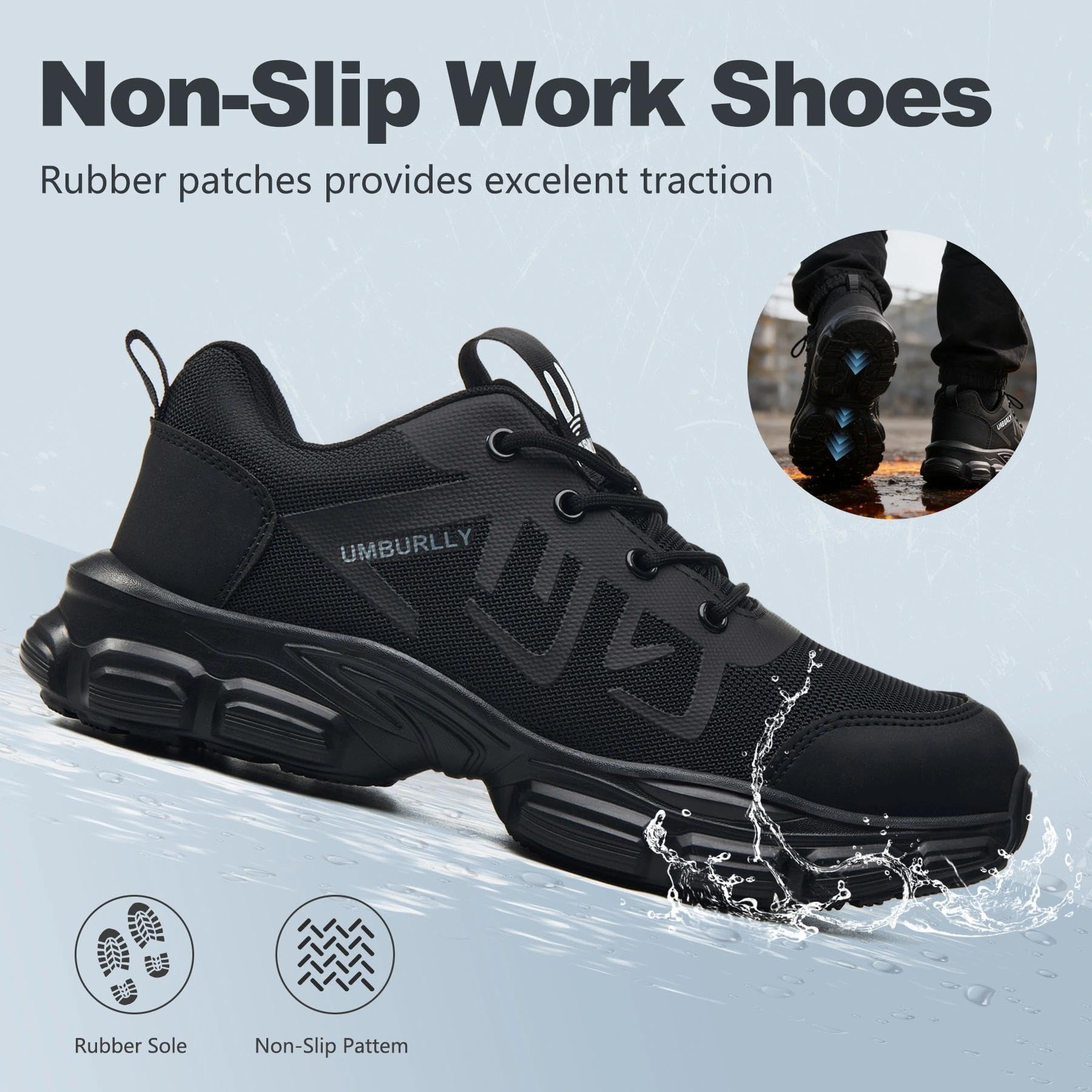 Hogent Steel Toe Shoes for Men Lightweight Comfortable Non Slip Work Shoes Women Puncture Proof Safety Sneakers for Industrial Construction & Daily Life, Black