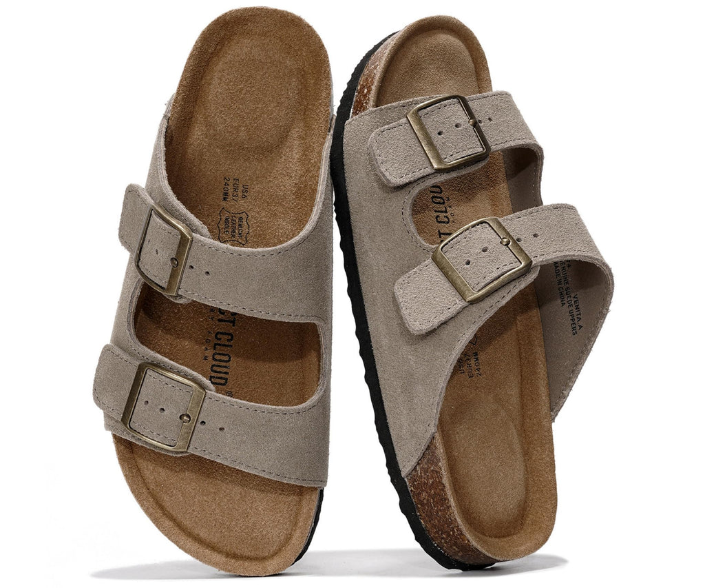 Project Cloud 100% Genuine Leather Flat Sandals For Women 2026 Cork Footbed Womens Sandals with Memory Foam and arch support Vacation Essentials Slides for Women Footwear