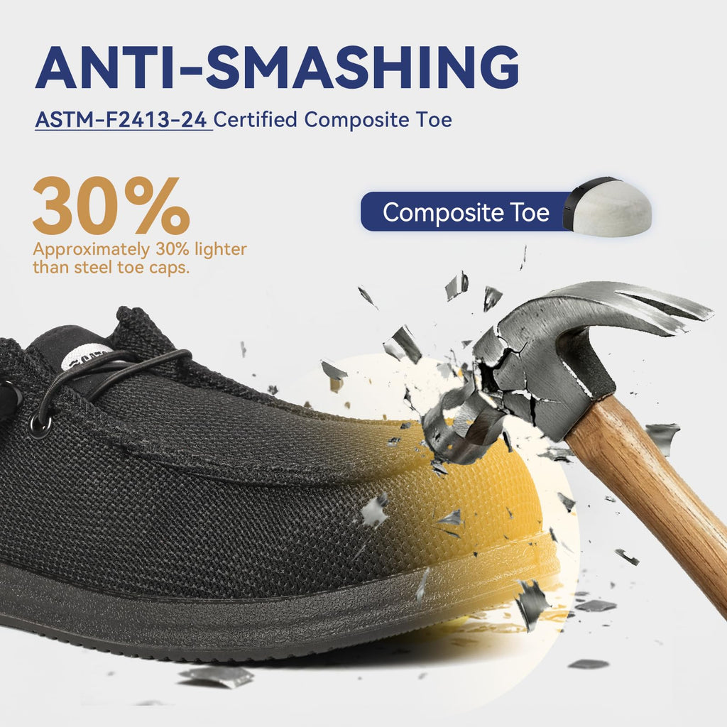 CATOE Steel Toe Shoes for Men Slip On Safety Work Loafers Lightweight Composite Toe Shoes for Men Comfortable Mens Safety Tennis Sneakers All Black