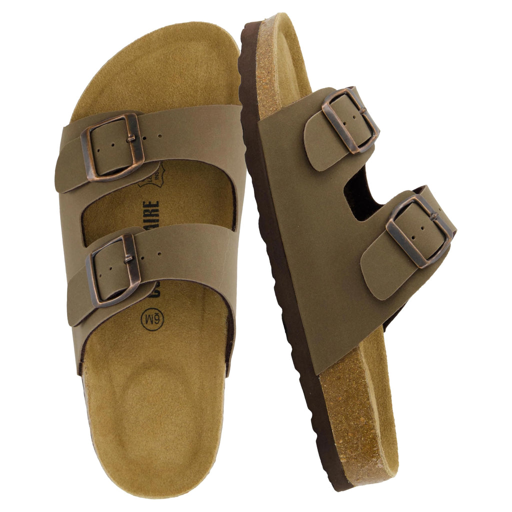 CUSHIONAIRE Lane Cork Footbed Womens Sandals Comfortable Double Buckle Slip On Sandals for Women with Arch Support and Classic Two Strap Design, BROWN