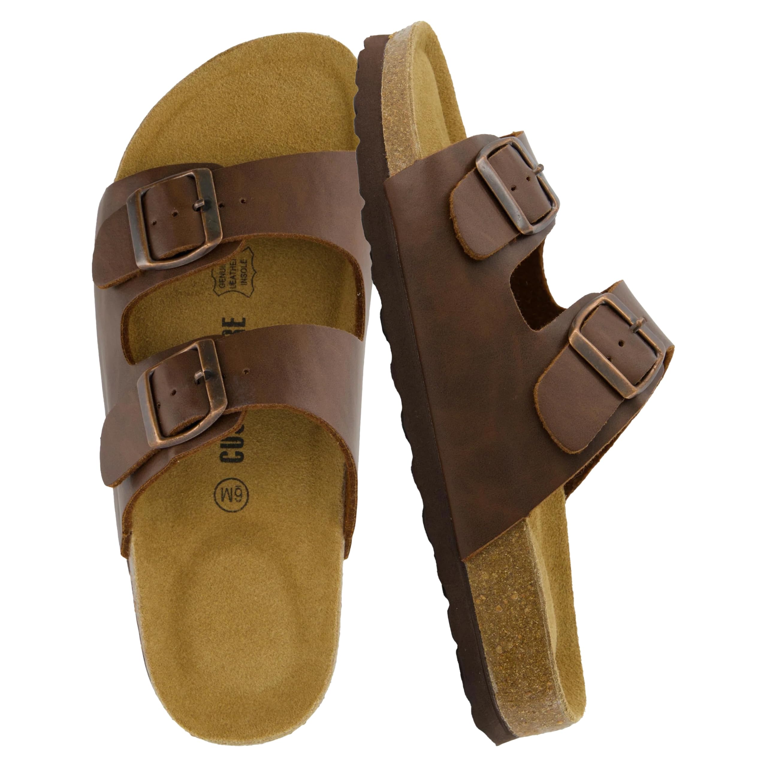 CUSHIONAIRE Lane Cork Footbed Womens Sandals Comfortable Double Buckle Slip On Sandals for Women with Arch Support and Classic Two Strap Design, BROWN